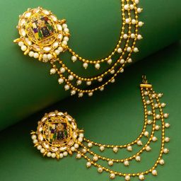 Anouk Gold-Plated Stones Studded & Pearls Beaded Circular Temple Studs With Hair Chain-image-19