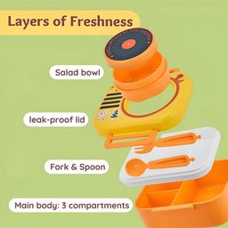 Cots and Cuddles Stereo Design 3 Compartment 680ml Lunch Box with 150ml Salad Cup and Spoon Fork (Yellow) image 2