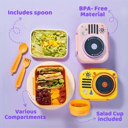 Cots and Cuddles Stereo Design 3 Compartment 680ml Lunch Box with 150ml Salad Cup and Spoon Fork (Yellow) image 4