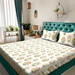 Myntra Elegant Homes Cream-Coloured & Green Floral 300 TC King Bedsheet with 2 Pillow Covers-image-26