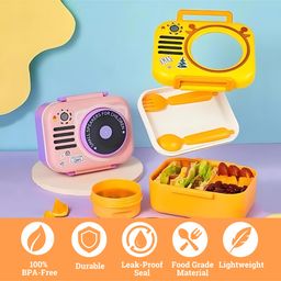 Cots and Cuddles Stereo Design 3 Compartment 680ml Lunch Box with 150ml Salad Cup and Spoon Fork (Yellow) image 5