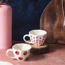 WEAVING HOMES Red & White 2 Pieces Printed Ceramic Dishwasher Safe Glossy Cups 220ml-8