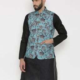 Wintage Men Blue, Back and White Floral Print Nehru Jacket-48