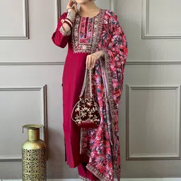 KALINI Floral Embroidered Thread Work Straight Kurta with Trousers & Dupatta-picture-39