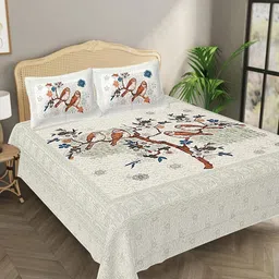 Bombay Spreads Grey & Brown Floral Pure Cotton 144 TC King Bedsheet with 2 Pillow Covers-image-48