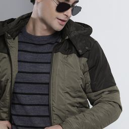 The Indian Garage Co Men Olive Green Colourblocked Detachable Hood Padded Jacket-image-52
