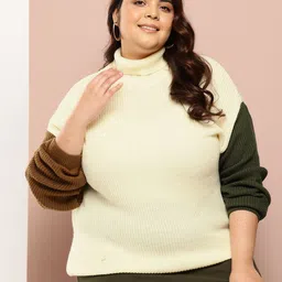 Sztori Plus Size Contrast Sleeves Acrylic Pullover-image-41