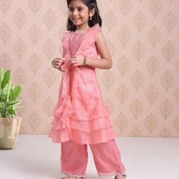 Babyhug Sleeveless Sequinned Kurti With Attached Jacket Style Duptta & Sharara - Light Pink-image-1
