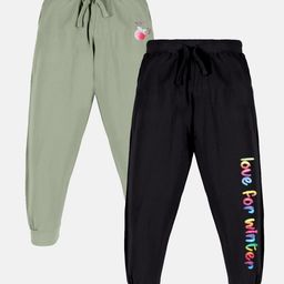 Kiddopanti Pack Of 2 Typography & Fruits Printed Track Pants - Light Green &  Black-picture-13