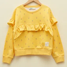 LC Waikiki Full Sleeves Frill Detailed Floral Printed Cotton Sweatshirt - Yellow-picture-14