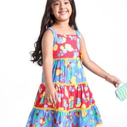 Babyhug Rayon Singlet Tiered Printed Frock with Flower Applique - Multicolor-image-70
