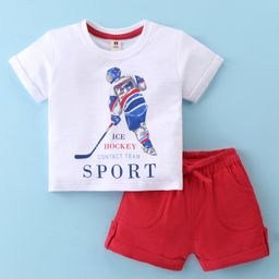 ToffyHouse 100%  Cotton Knit Half Sleeves T-Shirt & Woven Shorts With Ice Hockey Print - White & Red-image-90