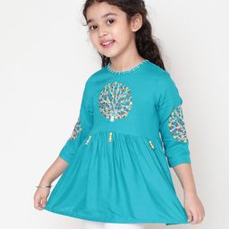ISHTI Three Fourth Sleeves Floral Embroidered Top - Blue-image-56