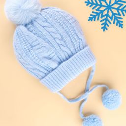 Babyhug Woollen Tie Knot Cap with Pom Pom - Blue-16