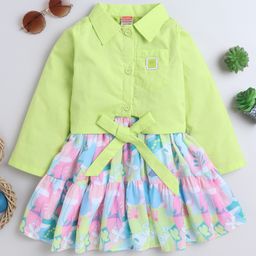 Twetoons Woven Full Sleeves Jacket with Floral Print Frock - Green-image-84