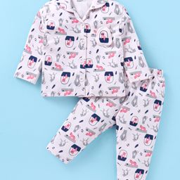 Little Darlings Interlock Knit Full Sleeves Front Open Night Suit With Kittens Print - Off White & Baby Pink-image-85