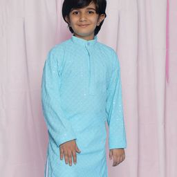 AJ Dezines Full Sleeves Sequin Embellished & Floral Embroidered Kurta - Sky Blue-image-101