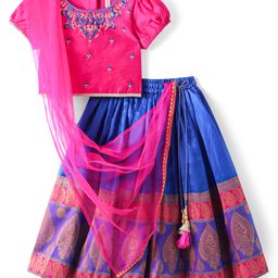 Babyhug Brocade Woven Half Puffed Sleeves Floral Embroidered Pattu Pavada Choli Lehenga Set with Dupatta -Blue-image-90