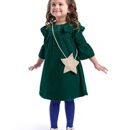 Babyhug Woven Full Bell Sleeves Frock with Leggings & Sling Bag - Green-image-91