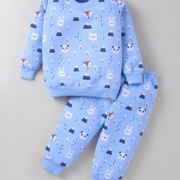 Teddy Fleece Knit Full Sleeves Winter Wear Sweatshirt & Pant Set with Bear Print - Light Blue-image-77