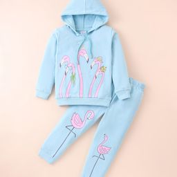 Tango Looper Knit Full Sleeves Hooded T-Shirt & Lounge Pants Set With Flamingos Print - Light Blue-image-23
