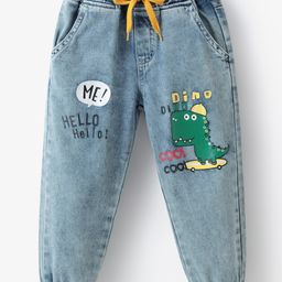 Kookie Kids Denim Full Length Jeans With Dino & Text Print - Blue-image-26