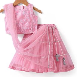 BabyhugSleeveless Net Embroidered Lehenga Choli and Dupatta Set- Pink-image-93