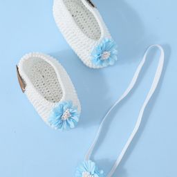 Funkrafts Handmade Crochet Floral Applique Detailed & Beads Embellished Booties & Headband Set - White & Blue-image-67