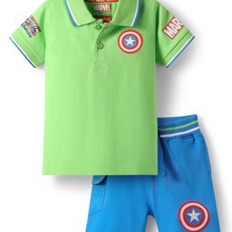 Babyhgu Marvel Single Jersey Knit Half Sleeves Polo T-Shirt & Shorts Set With Avengers Graphics - Light Green & Blue-image-131
