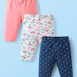 Babyhug Cotton Lycra Knit Three Fourth Length Leggings With Polka Dot & Floral Print Pack of 3 - Navy Blue White & Pink-image-95