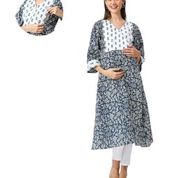 Mom for sure by Ketki Dalal Pure Cotton Woven Three Fourth Sleeves Floral Printed Maternity Kurti With Nursing Access - White & Blue-image-67