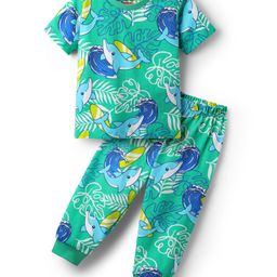 Babyhug Cotton Knit Half Sleeves Co-Ord Night Suit With Dolphin & Leaf Print - Green-image-22