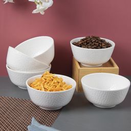 VONCASA Hammered Melamine Tableware White Glossy Finish Soup Bowls for Dining Table (Set Of 6, 300 ml )-3