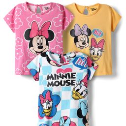 Babyhug Disney Cotton Knit Half Sleeves T-Shirts With Minnie Mouse & Friends Graphic Pack Of 3 - Pink Yellow & Light Blue-image-86
