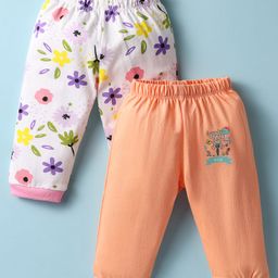 OHMS Single Jersey Knit Full Length Leggings With Floral & Animal Print Pack Of 2 - Orange & White-image-54