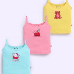 MOONKIDS 100% Cotton Knit Pack Of 3 Sleeveless Cat & Cherries Printed Camisoles - Blue Yellow & Pink-image-39