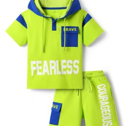 OLLINGTON ST. Cotton Co-Ord Set Of Half Sleeves Hoodie T-Shirt & Knit Shorts - Neon Green-image-68