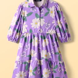 Pine Kids 100% Cotton Three Forth Sleeves Frock With Collar Neck Floral Print - Purple-image-82