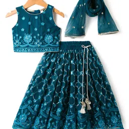 Babyhug Woven Sleeveless Choli Lehenga Set with Dupatta & Floral Embroidery - Navy Blue-picture-46