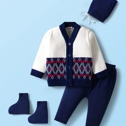 Babyhug Knit Full Sleeves Front Open Sweater & Pant Set with Cap & Booties & Fair Isle Design - Navy Blue & White-picture-16