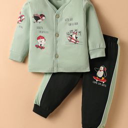 CUCUMBER Sinker Knit Full Sleeves Front Open T-Shirt & Lounge Pant Set With Animal Print - Sea Green & Black-image-89