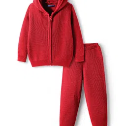 Pine Kids Knit Full Sleeves Solid Color Front Open Hooded Sweater Set - Red-picture-23