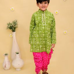 Junitos Cotton Woven Full Sleeves Baby Animals Printed Gota Lace Embellished Kurta Dhoti Set - Green-image-20