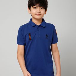 ALAN JONES Cotton Blend Knit Half Sleeves 1 Number Patch Embroidered Polo Tee - Denim-image-75