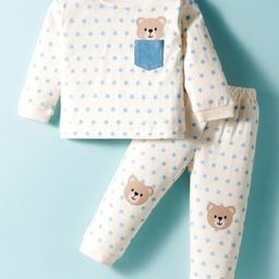 ToffyHouse Knitted Full Sleeves Night Suit With Bear Print - White-picture-23