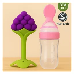 Badal Kidz Baby Silicone Spoon Bottle with Soft Teether Feeder Combo , BPA Free Feeding Set- Pink & Grapes-picture-22