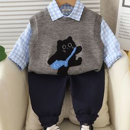INCLUD Boys Cat Applique Sweater Vest With Shirt and Pant-picture-37
