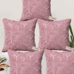 Blue Grass Pink & White 5 Pieces Abstract Printed Velvet Square Cushion Covers-image-51