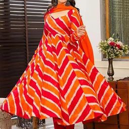 KALINI Leheriya Printed Sweetheart Neck Panelled Anarkali Kurta With Trousers & Dupatta-44