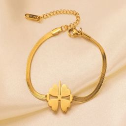 TEULRIP Stainless Steel Gold-Plated Titanium Steel Love Four-Leaf Clover Charm Bracelet-image-4